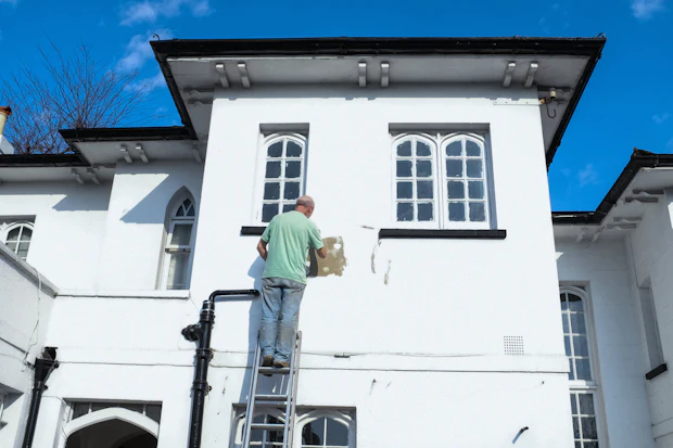 A painter on an extension ladder working across the upper story of a white house.